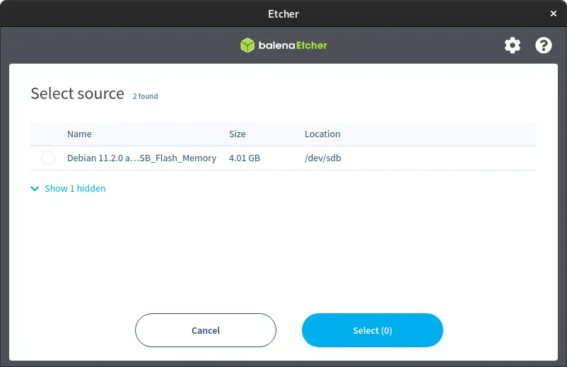 Sélection du support dans Balena Etcher