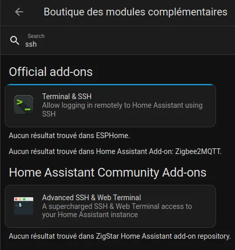 Add-ons SSH dans Home Assistant