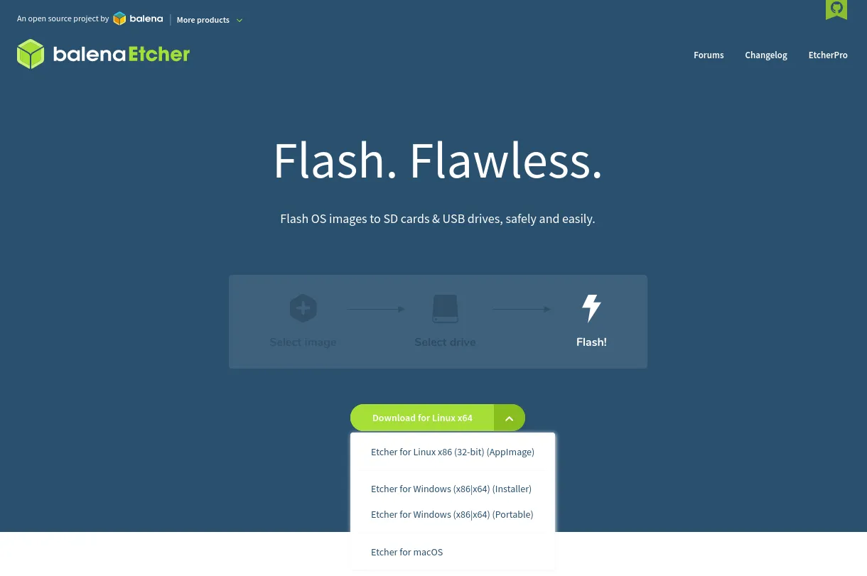 Page de téléchargement de Balena Etcher