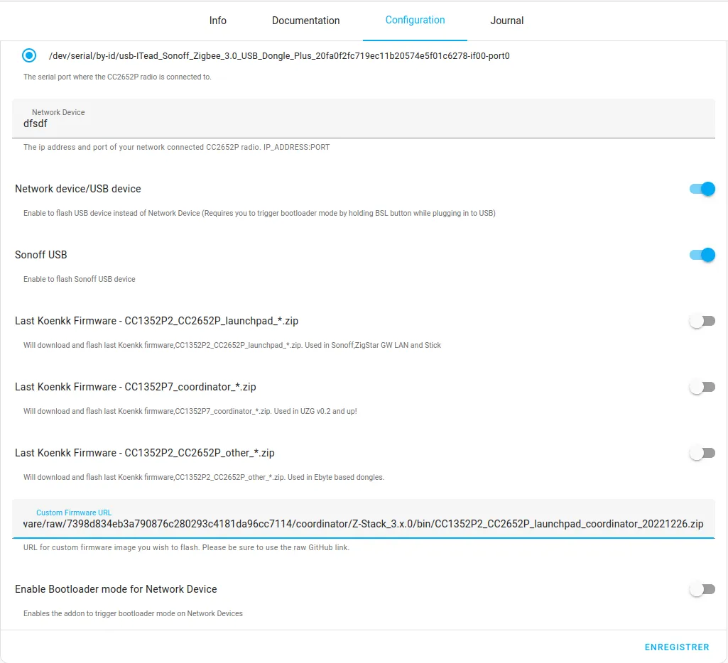 Configuration de l'add-on Zigstar avec un firmware personnalisé