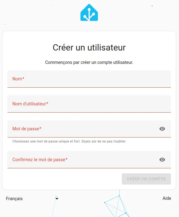 Crétion de l'utilisateur principal de Home Assistant