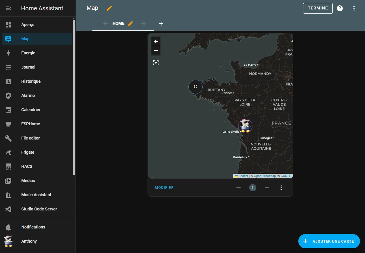 Dashboard Home Assistant avec tuile Map