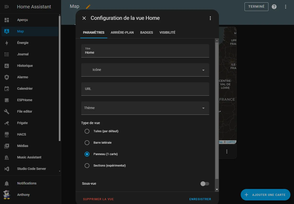 Éditer la vue dans un Dashboard Home Assistant