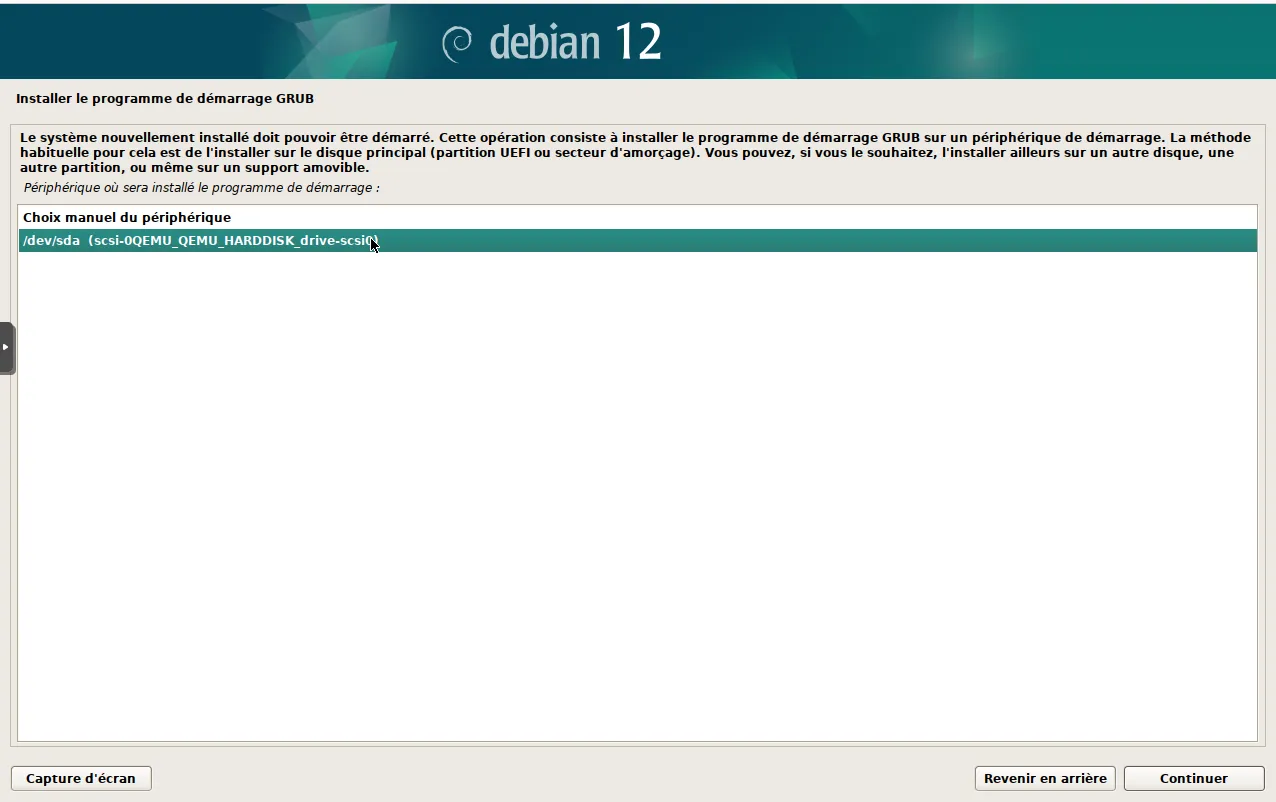 Choix du disque pour l'installation du GRUB