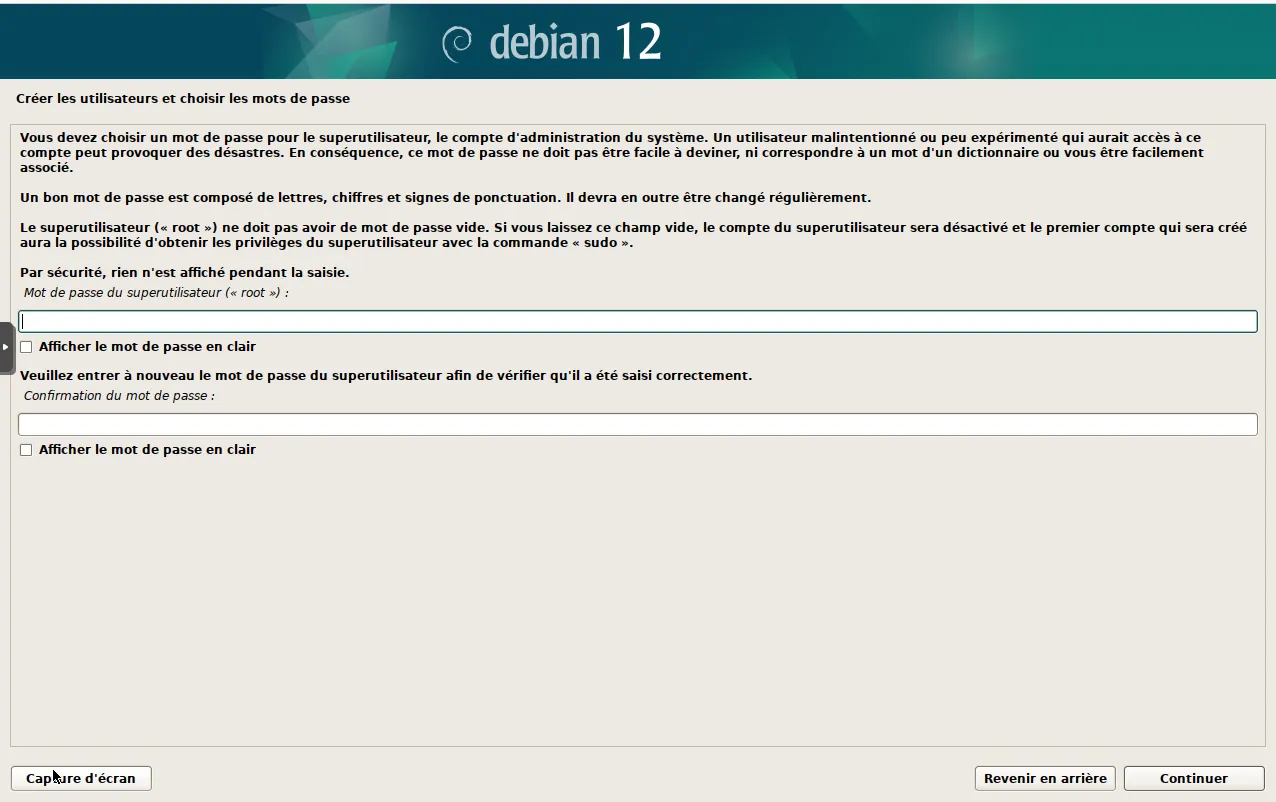 Choix du mot de passe de l'utilisateur root