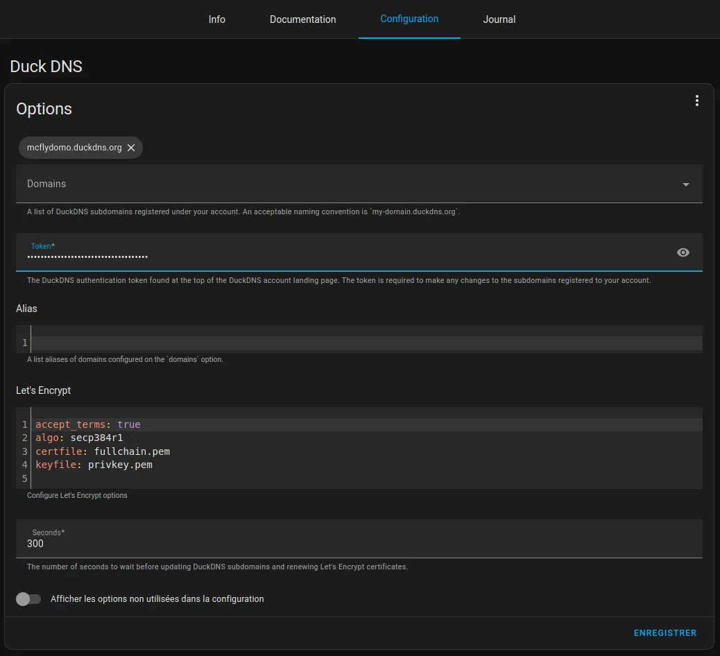 Configuration de l'add-on DuckDNS