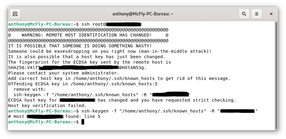 Erreur SSH ECDSA host key has changed