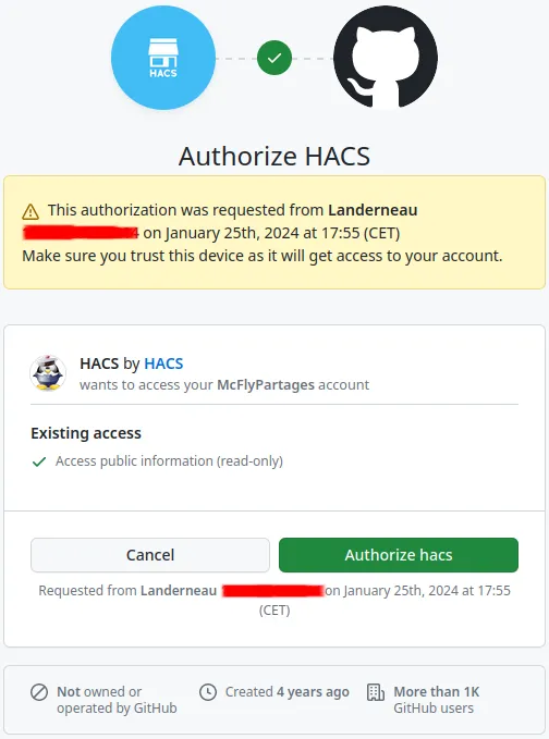 Fenêtre d'autorisation de Github