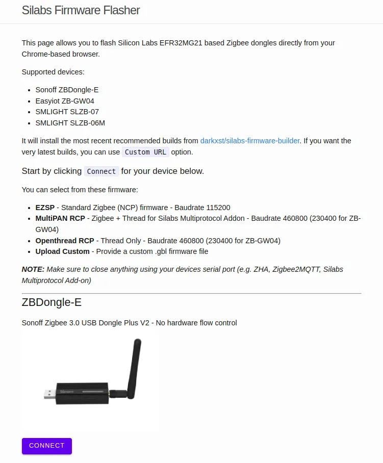 Flash de la Sonoff ZBDongle E avec Chromium Interface du Flash de la Sonoff ZBDongle E via un navigateur Web