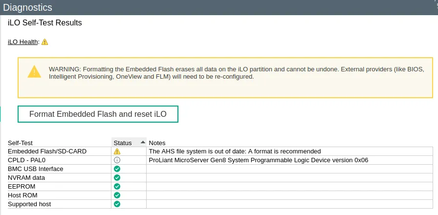 iLO Health Format Embedded Flash and Reset iLO
