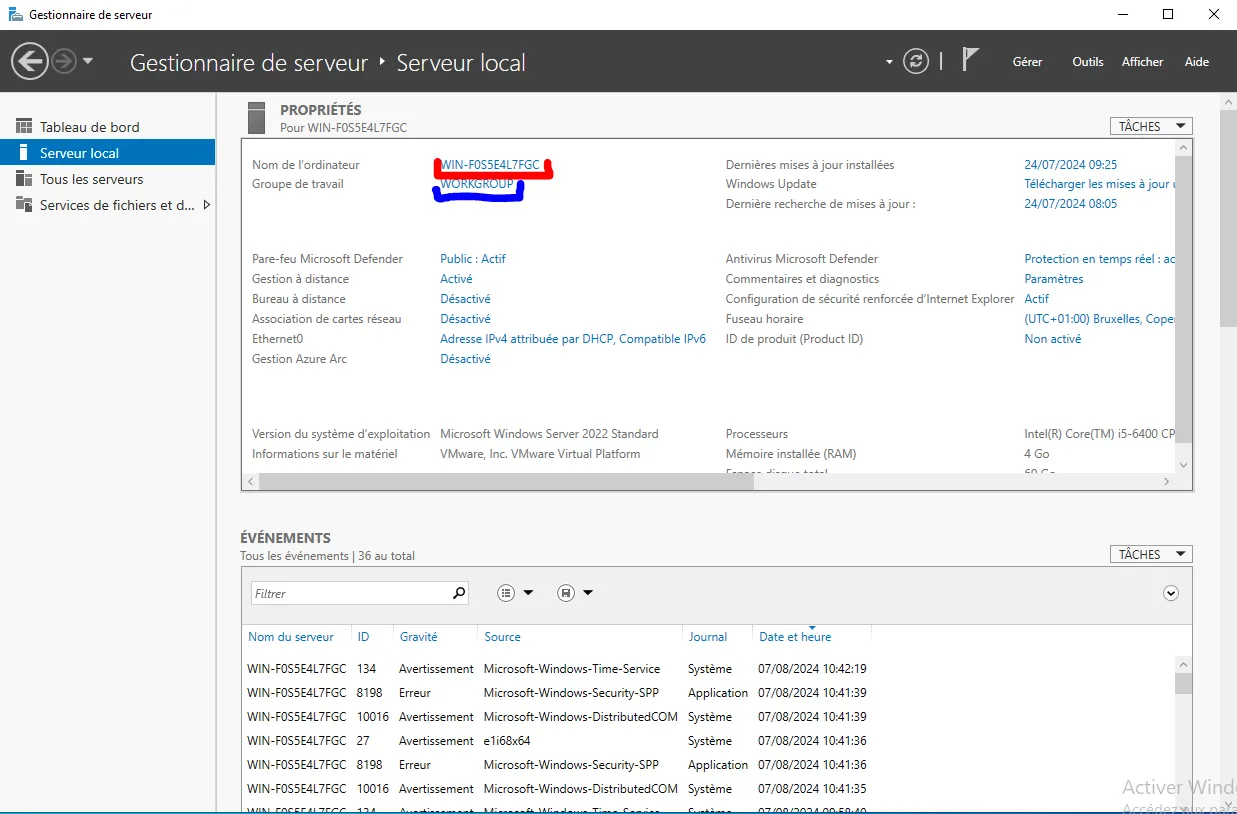 Interface du Gestionnaire de serveur par défaut