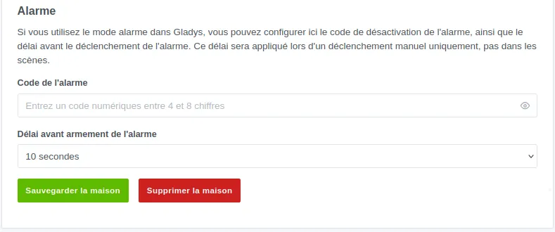 Réglage de l'alarme dans Gladys