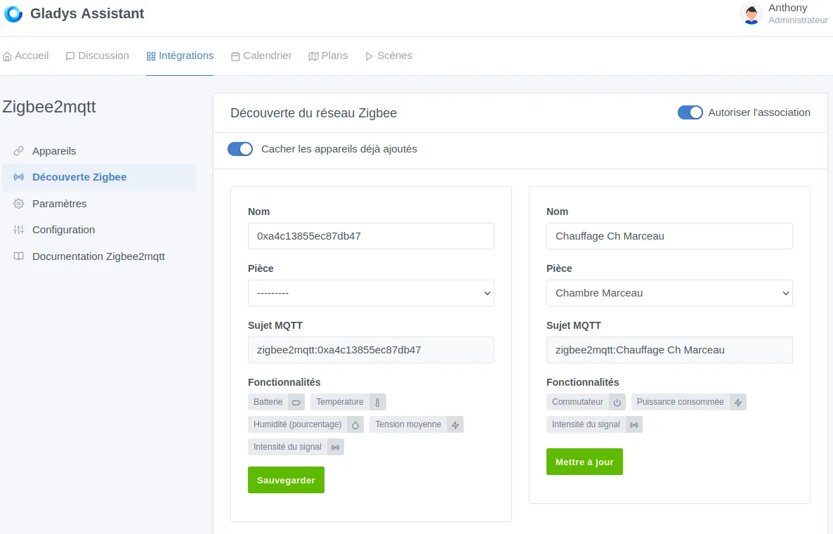 Découverte des appareils Zigbee2MQTT dans Gladys Assistant