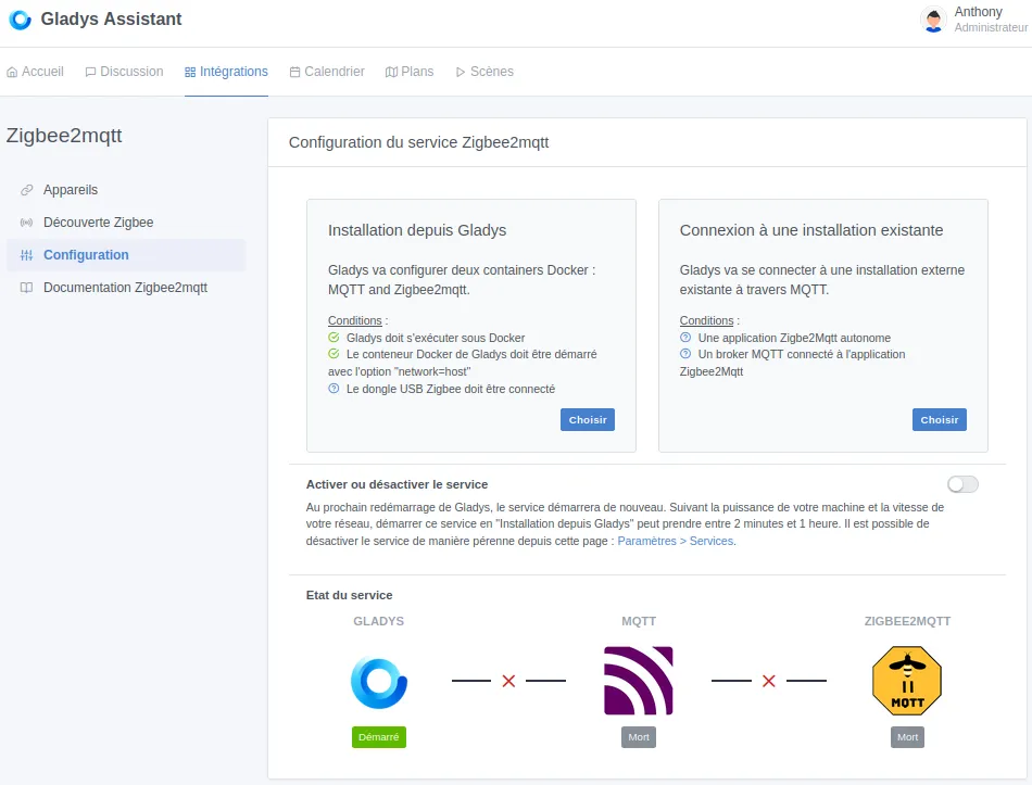 Configuration du service Zigbee2MQTT dans Gladys