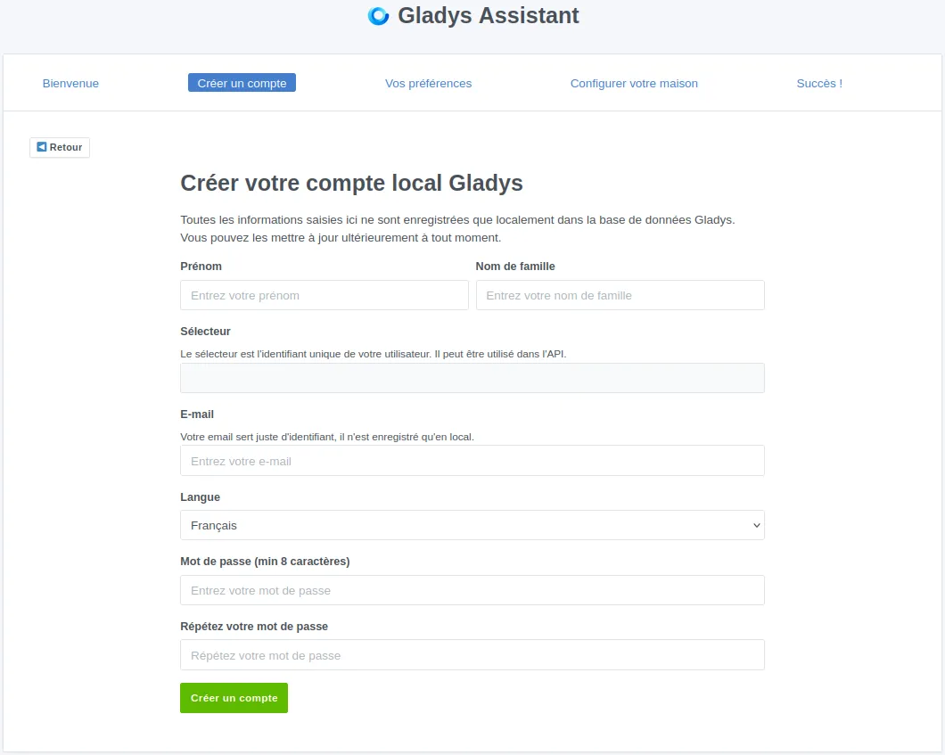 Création d'un compte local sur Gladys Assistant