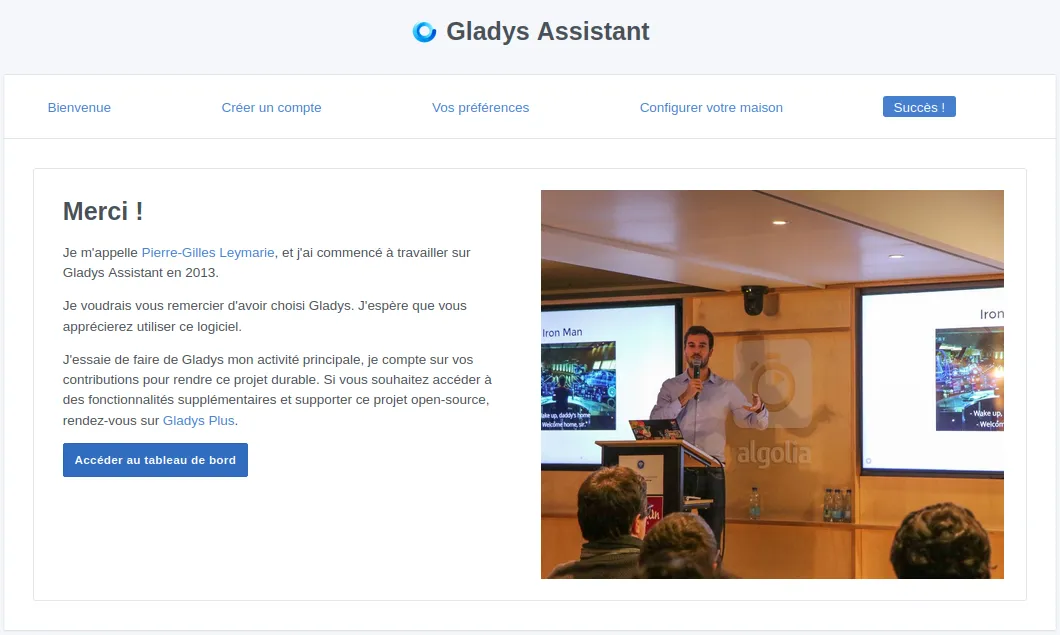 Fin de la configuration de Gladys Assistant