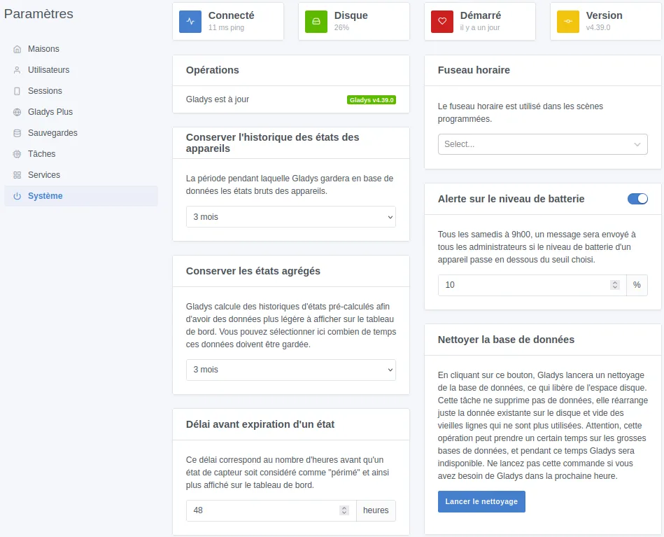 Paramètres du système dans Gladys Assistant