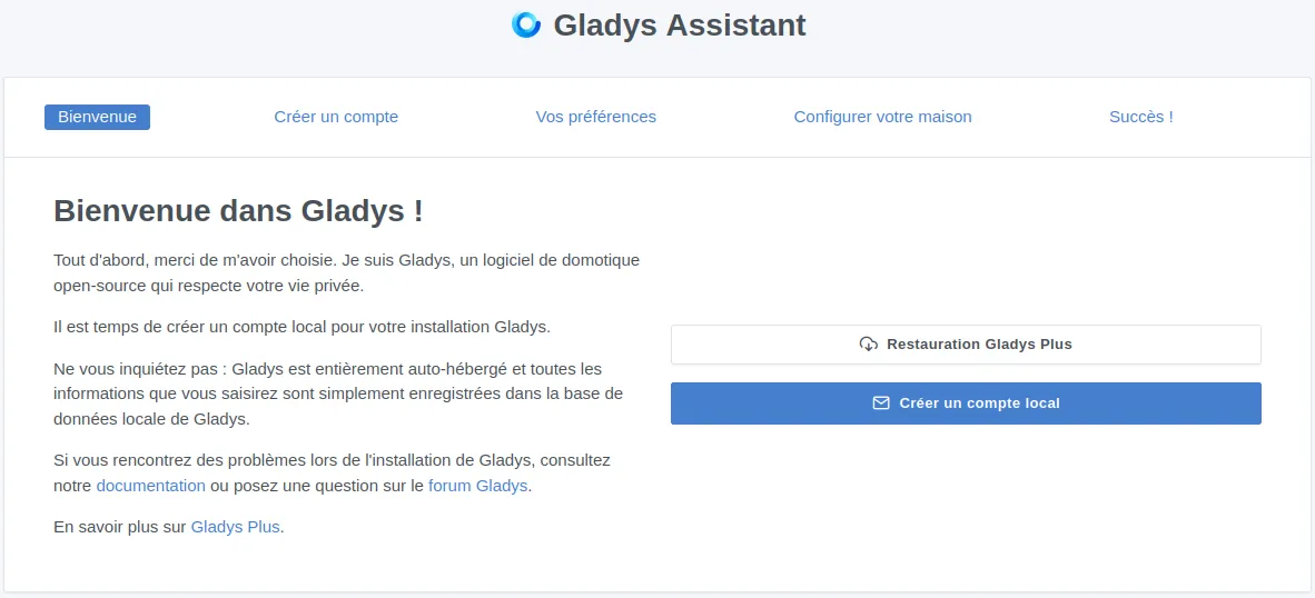 Première page de lancement de Gladys Assistant