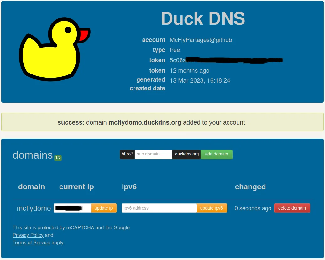 Création du compte et du NDD avec DuckDNS