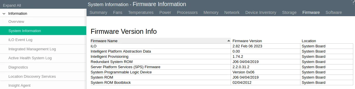 Vérifier la version des firmwares et des logiciels depuis l'interface iLO