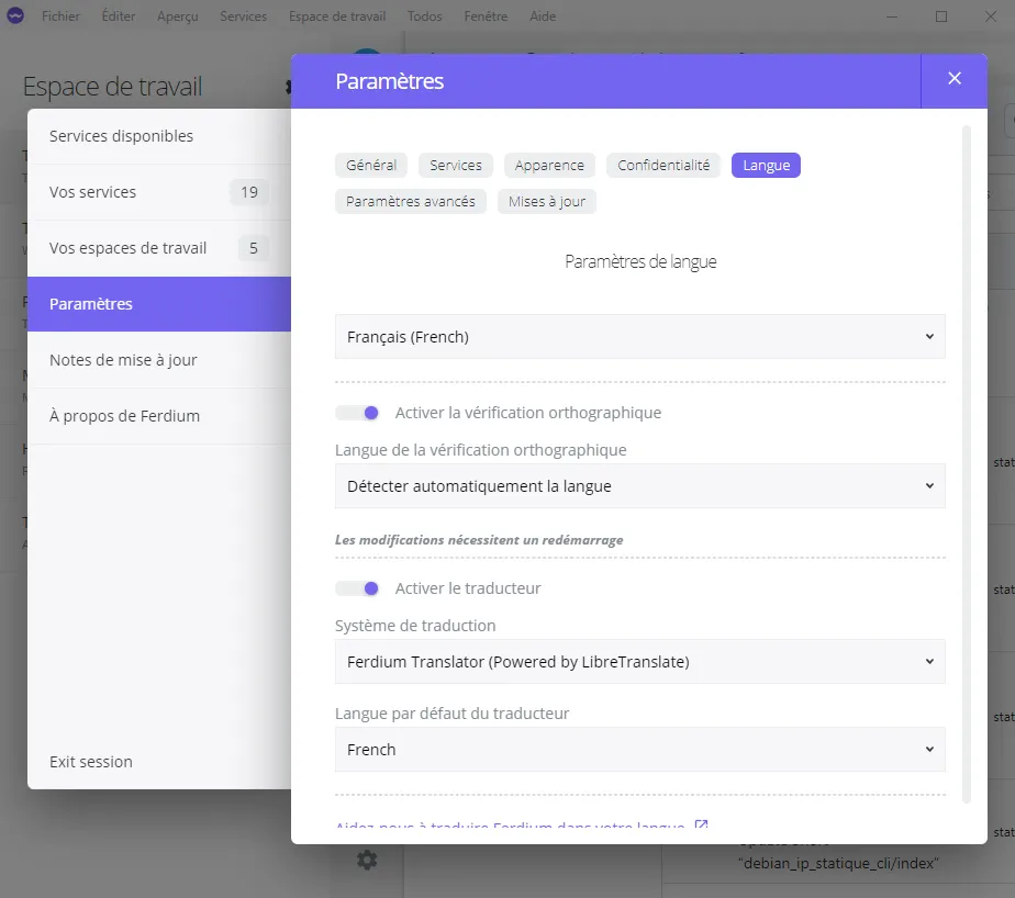 Changer la langue et ajouter la traduction dans l'interface de Ferdium