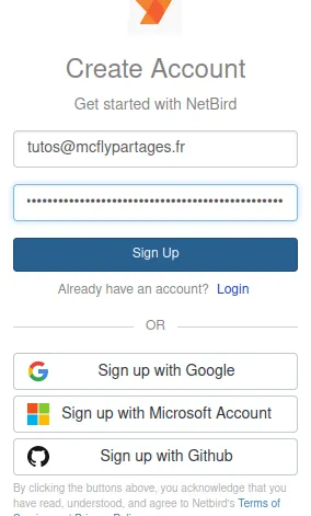 Inscription sur NetBird