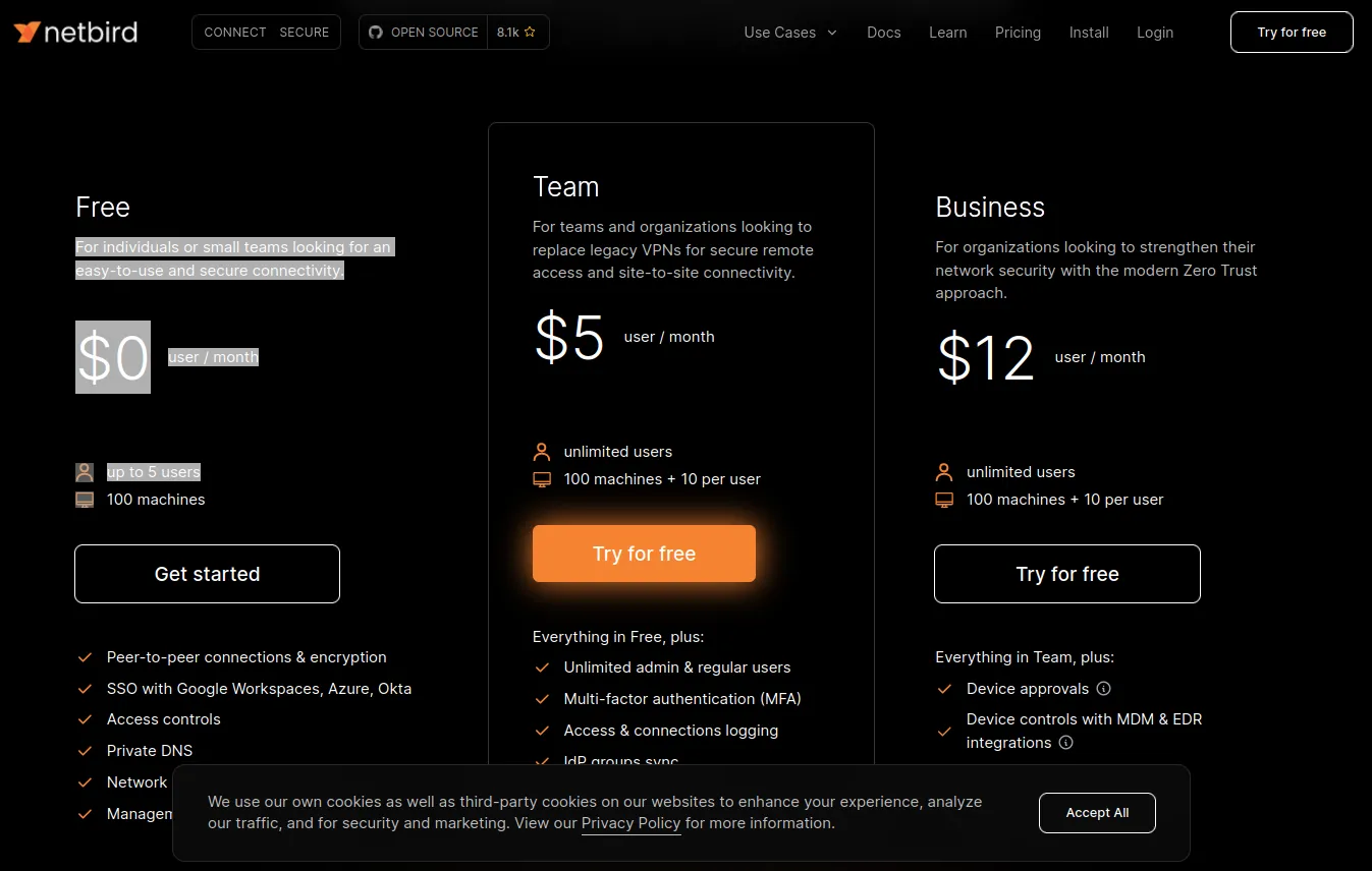 Tarif de NetBird pour l'utilisation depuis leur serveur