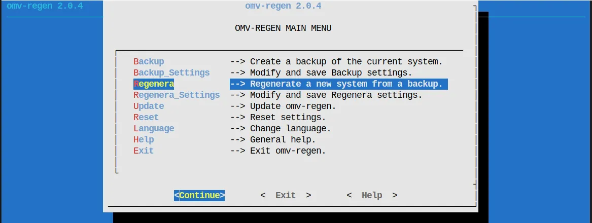 Interface de restauration de OMV-Regen