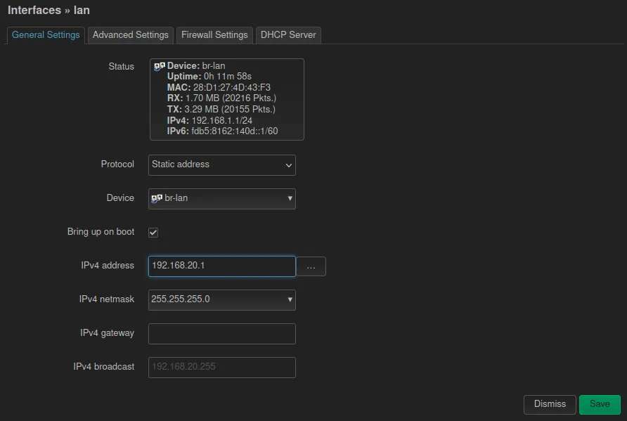 Réglages généraux de l'interface LAN dans OpenWRT