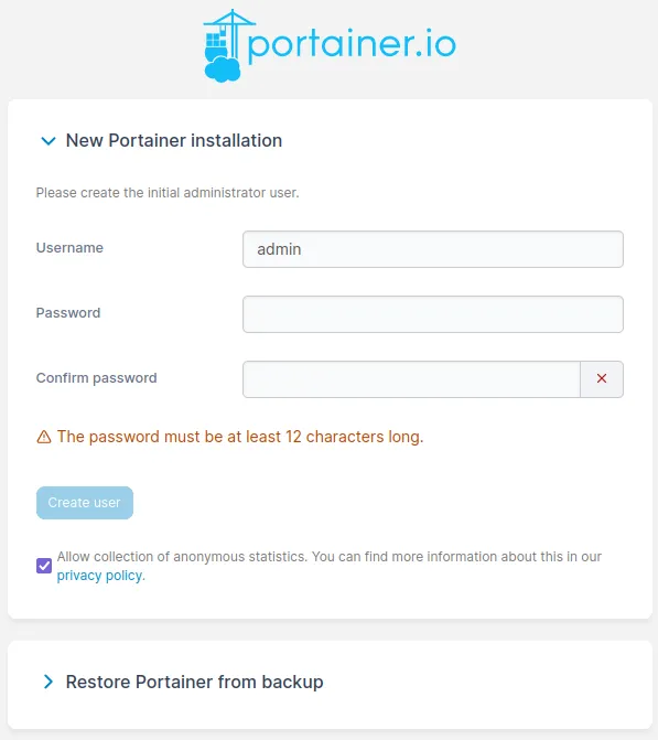 Première connexion à Portainer