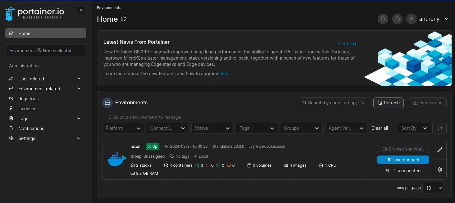 Page d'accueil de Portainer
