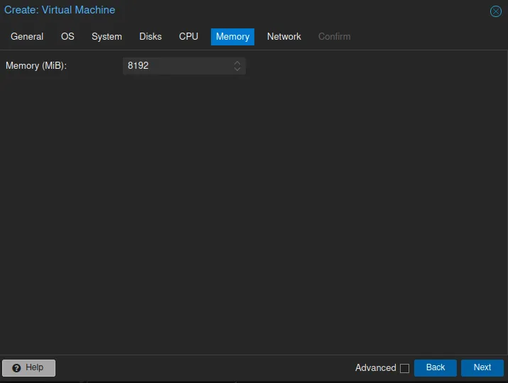 Onglet mémoire lors de la création d'une VM sous Proxmox