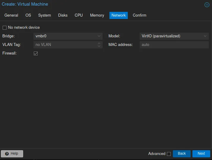 Onglet réseau lors de la création d'une VM sous Proxmox