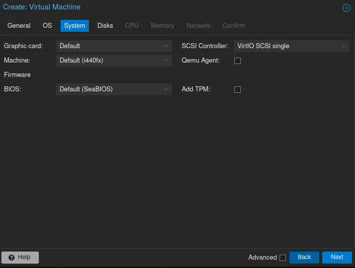 Onglet système lors de la création d'une VM sous Proxmox