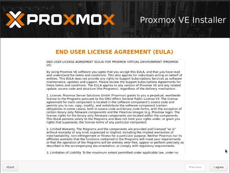 Écran de licence Proxmox