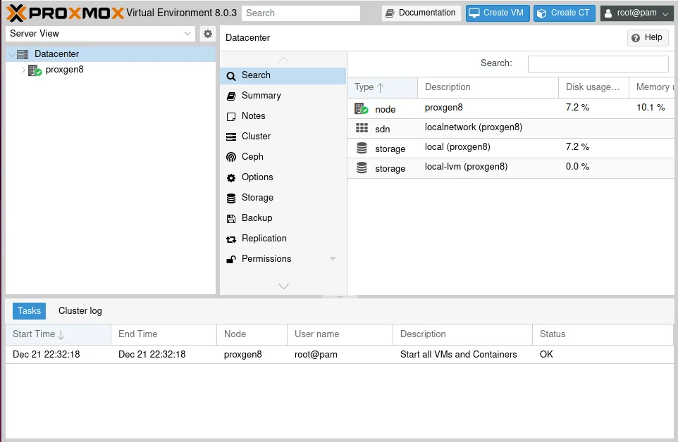 Interface de Proxmox