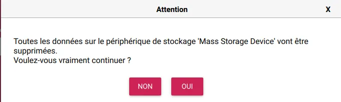 Raspberry Pi Imager Message avant effacement des données irréversibles