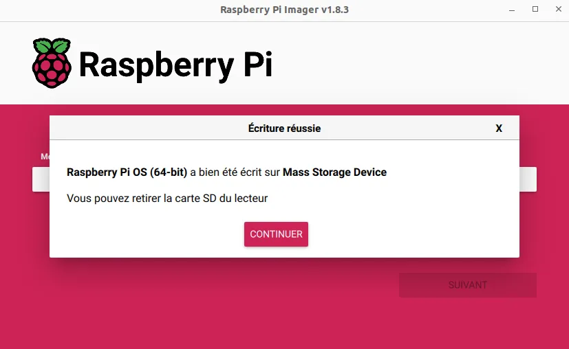 Raspberry Pi Imager installation de l'OS terminée