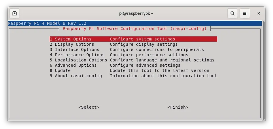 Interface de l'application Raspi-config