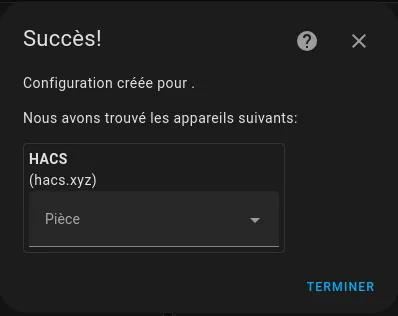 Fenêtre de sélection de pièces Home Assistant