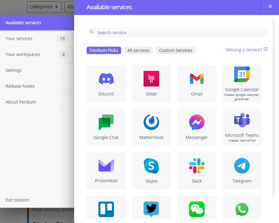 Interface d'ajout de service sur Ferdium