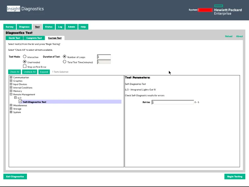 Test de l'iLO depuis la page diagnostics du SPP