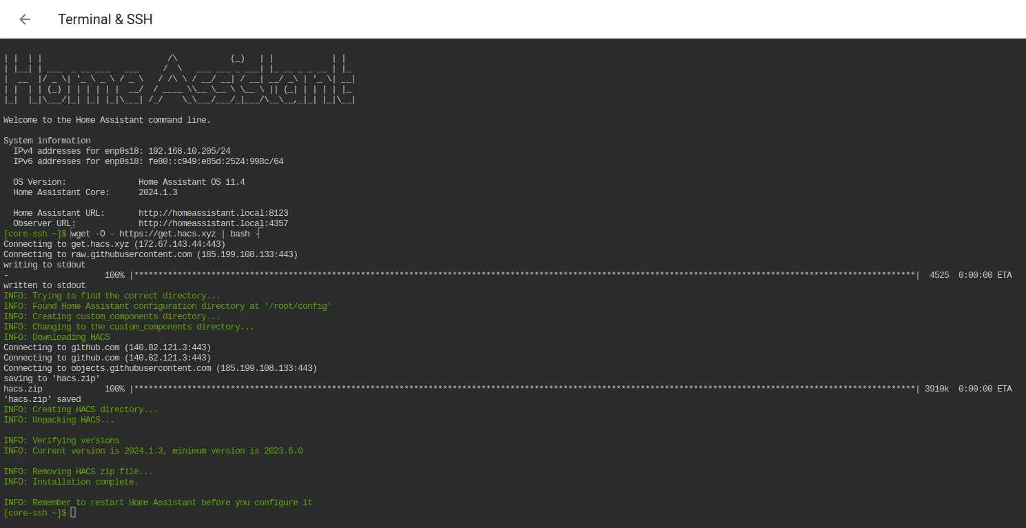 Installation de HACS depuis l'add-on Terminal & SSH