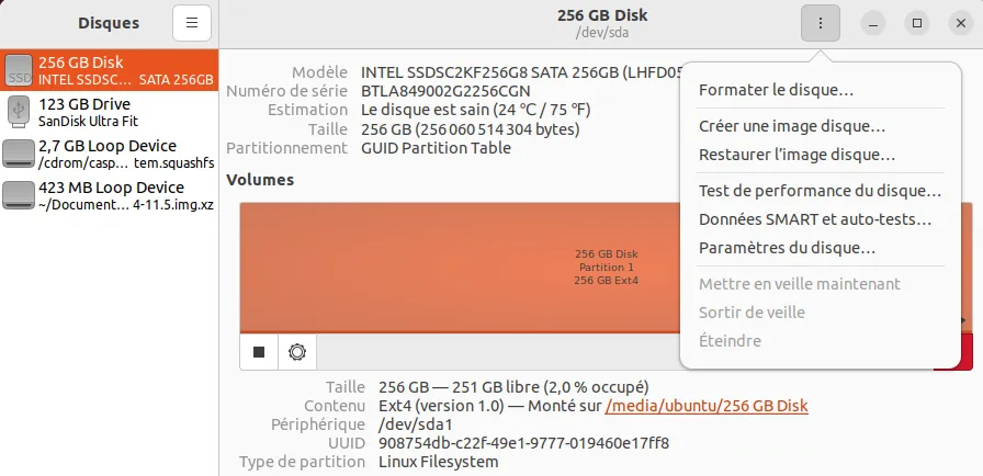 Sélection du disque et restauration depuis Ubuntu Live