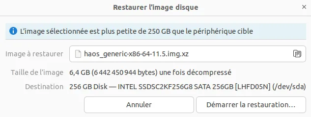 Sélection de l'image Home Assistant Generique x86 64 a restaurer depuis Ubuntu Live