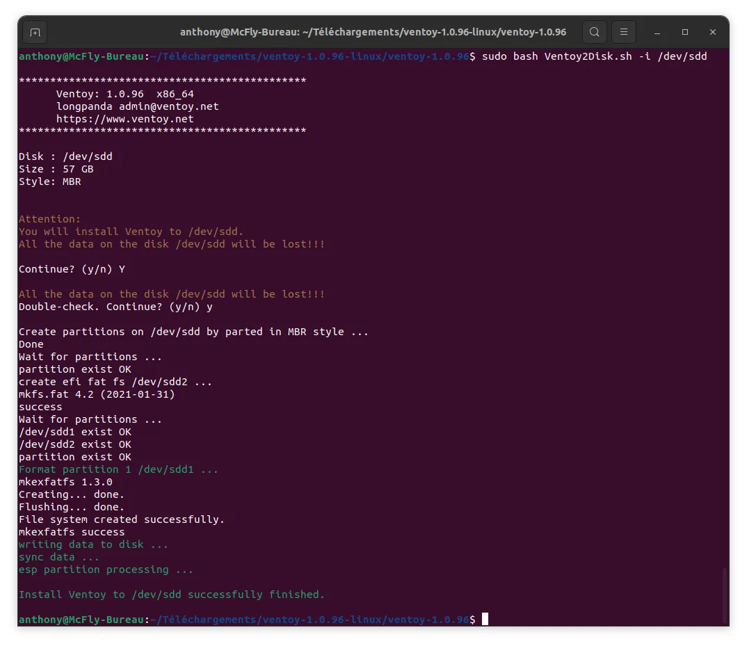 Terminal de l'installation de Ventoy sur Ubuntu