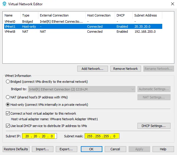 Changer le sous-réseau dans VMware en Host-only Changer le sous-réseau dans VMware en Host-only