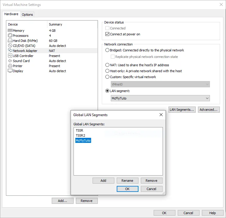 Ajouter et sélectionner un réseau Lan segment avec VMware