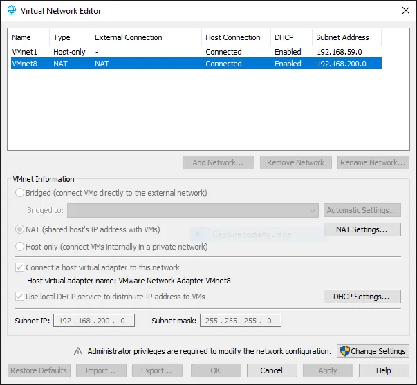 Virtual Network Editor dans VMware Virtual Network Editor dans VMware