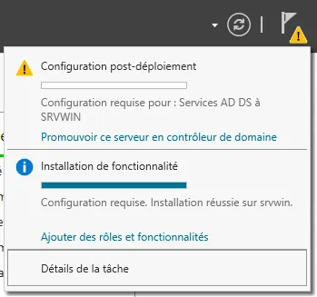 Avertissement de configuration post install du rôle AD DS de Windows Server